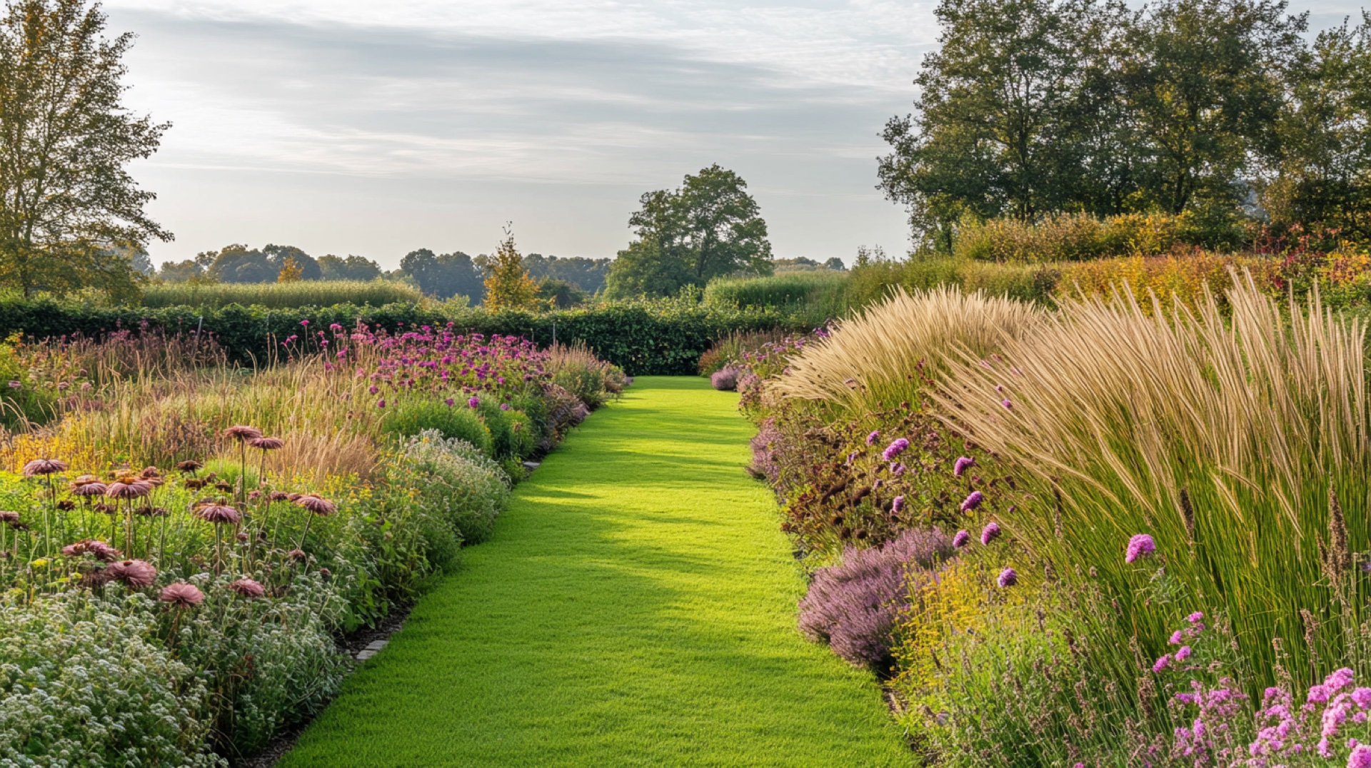 Ruime Vlaamse tuin met symmetrische borders vol siergrassen en purperen bloei — Piet Oudolf-stijl, herfstlicht