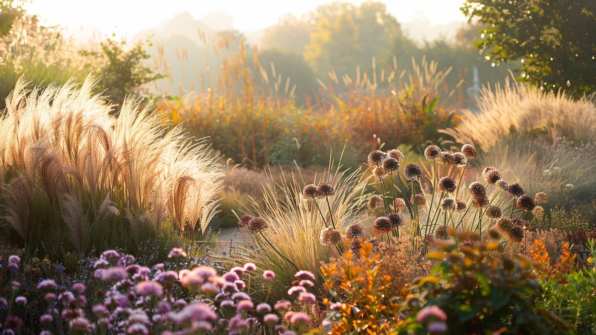 Naturalistische border met siergrassen, Echinacea en Sedum in herfstlicht