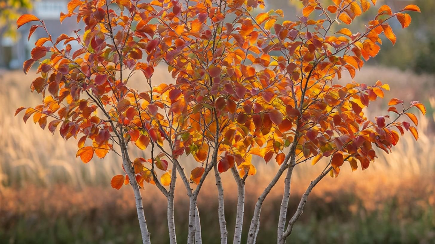 Meerstammige boom met oranjerode herfstkleur in een naturalistische tuin met siergrassen