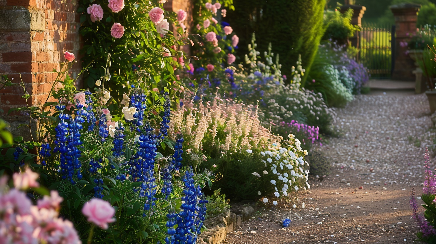Engelse romantische tuin met rozen, delphinium en lavendel in zomerbloei in Vlaanderen — Tuinzen beplantingsplan