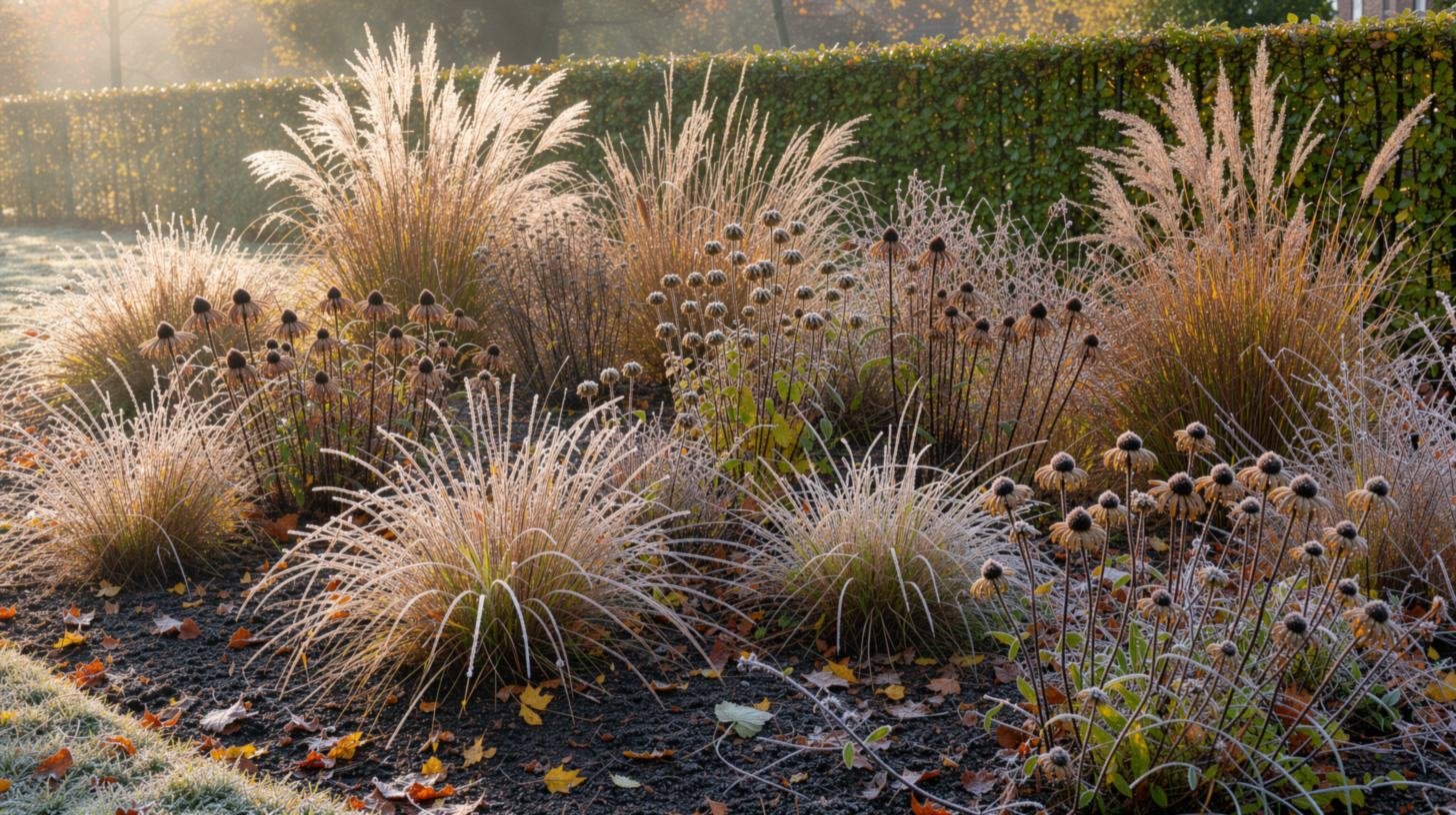 Border in november met siergrassen en zaadhoofden in laag zonlicht, afgevallen blad en lichte rijp