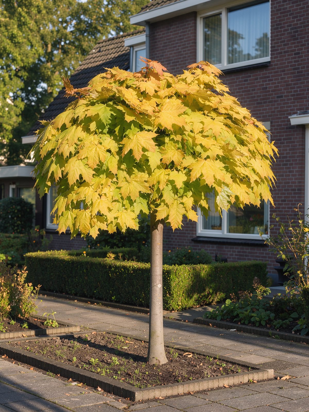 Gouden bolesdoorn (Acer platanoides 'Golden Globe') in een tuin