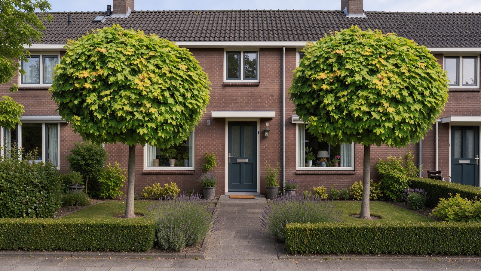 Twee bolbomen op stam in een voortuin voor een bakstenen huis