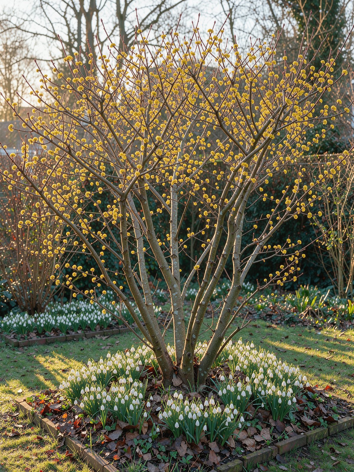 Gele kornoelje (Cornus mas) in een tuin