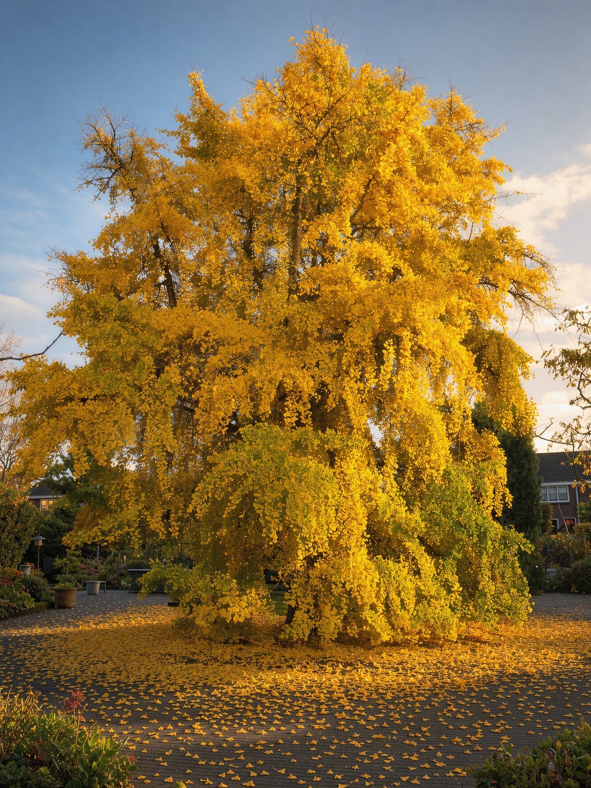 Japanse notenboom (ginkgo) (Ginkgo biloba) in een tuin