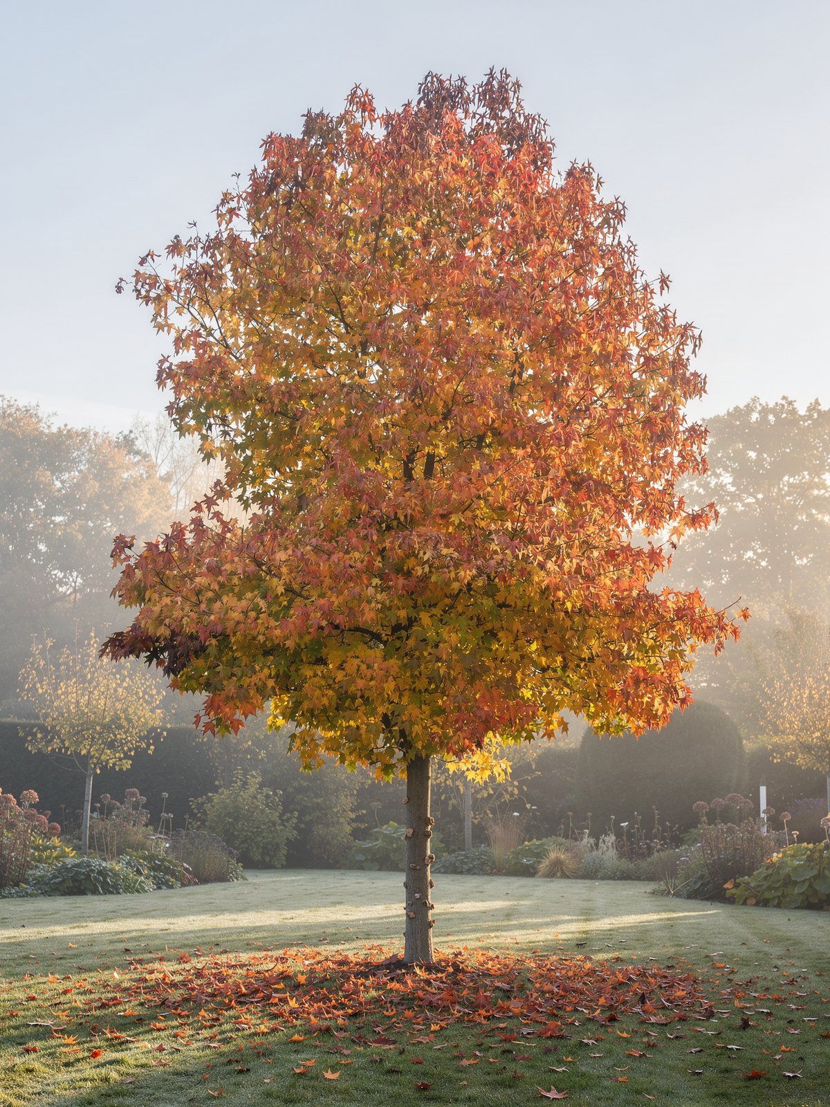 Amberboom (Liquidambar styraciflua 'Worplesdon') in een tuin