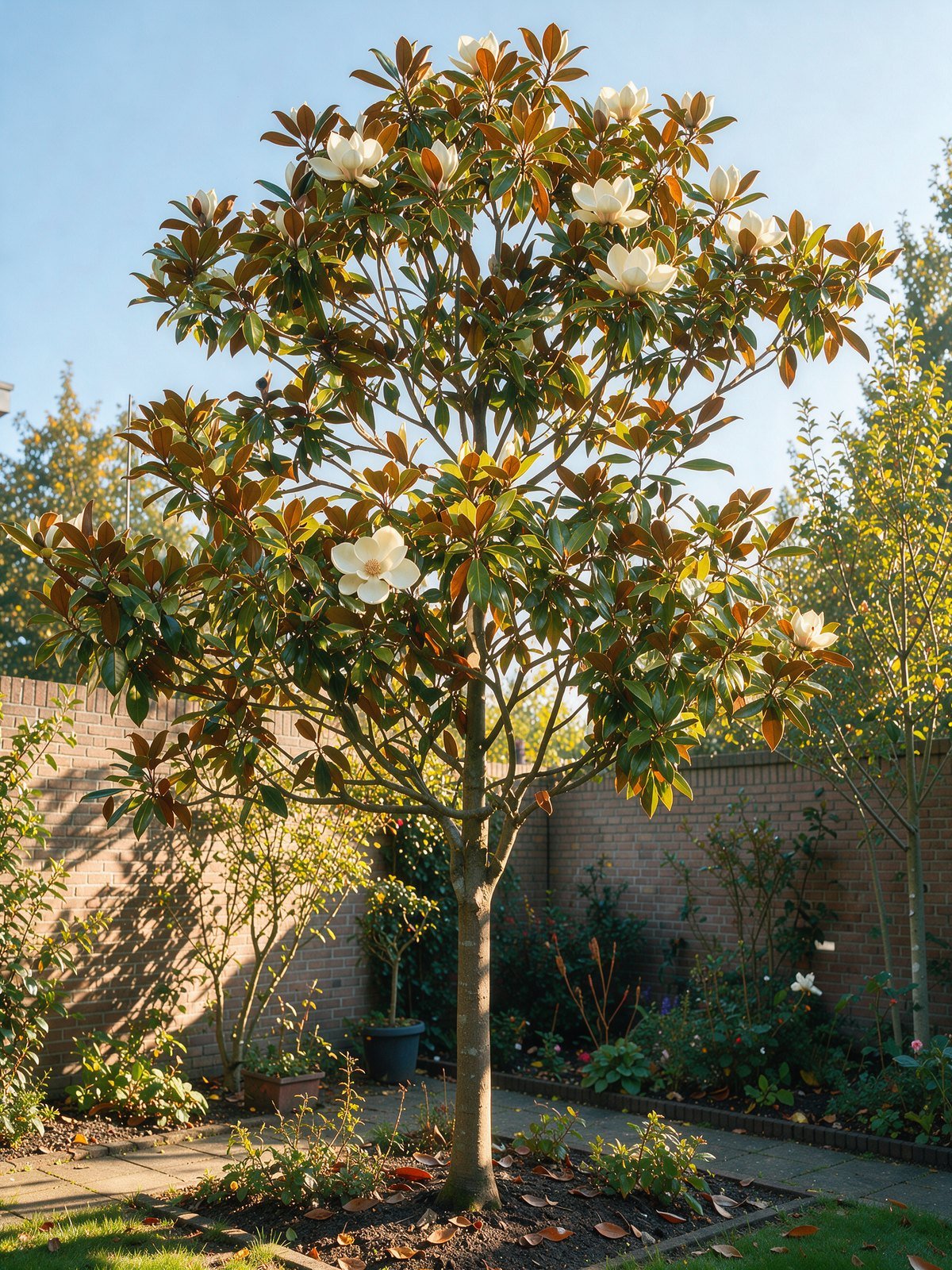 Wintergroene magnolia (Magnolia grandiflora 'Galissonnière') in een tuin
