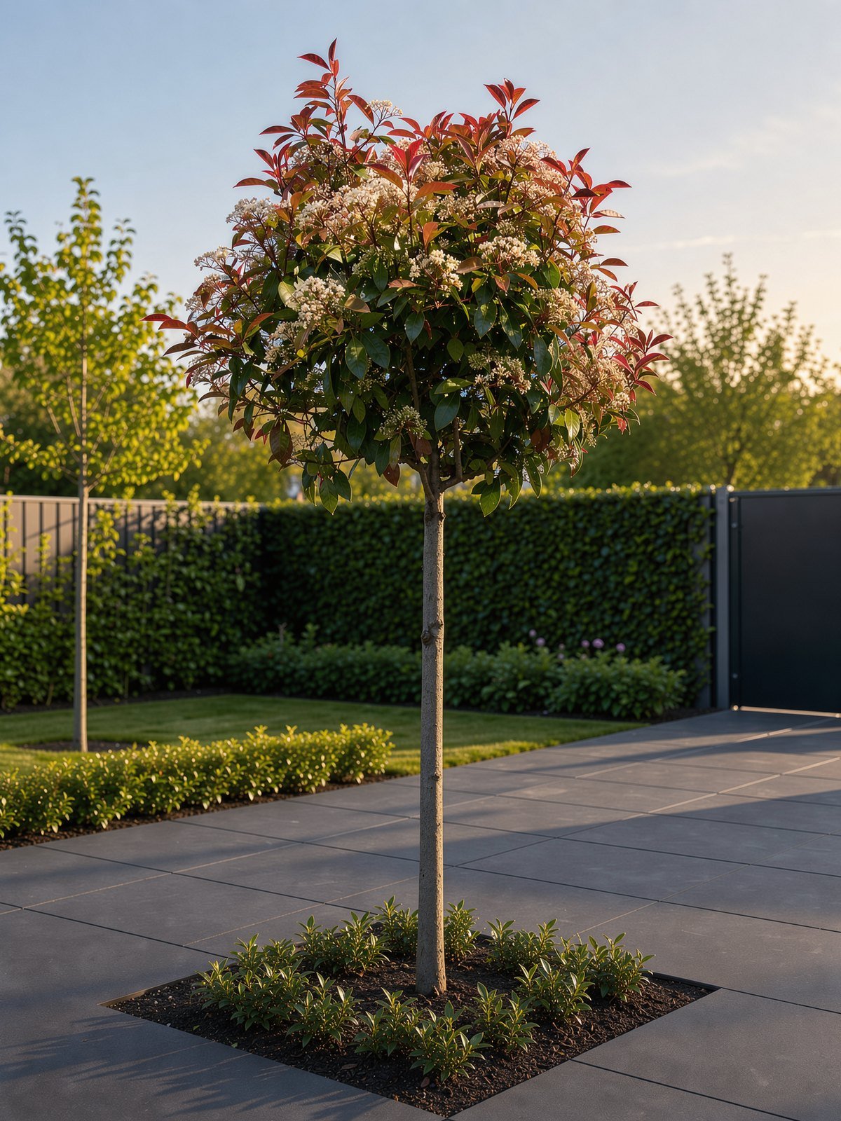Glansmispel 'Red Robin' (Photinia × fraseri 'Red Robin') in een tuin