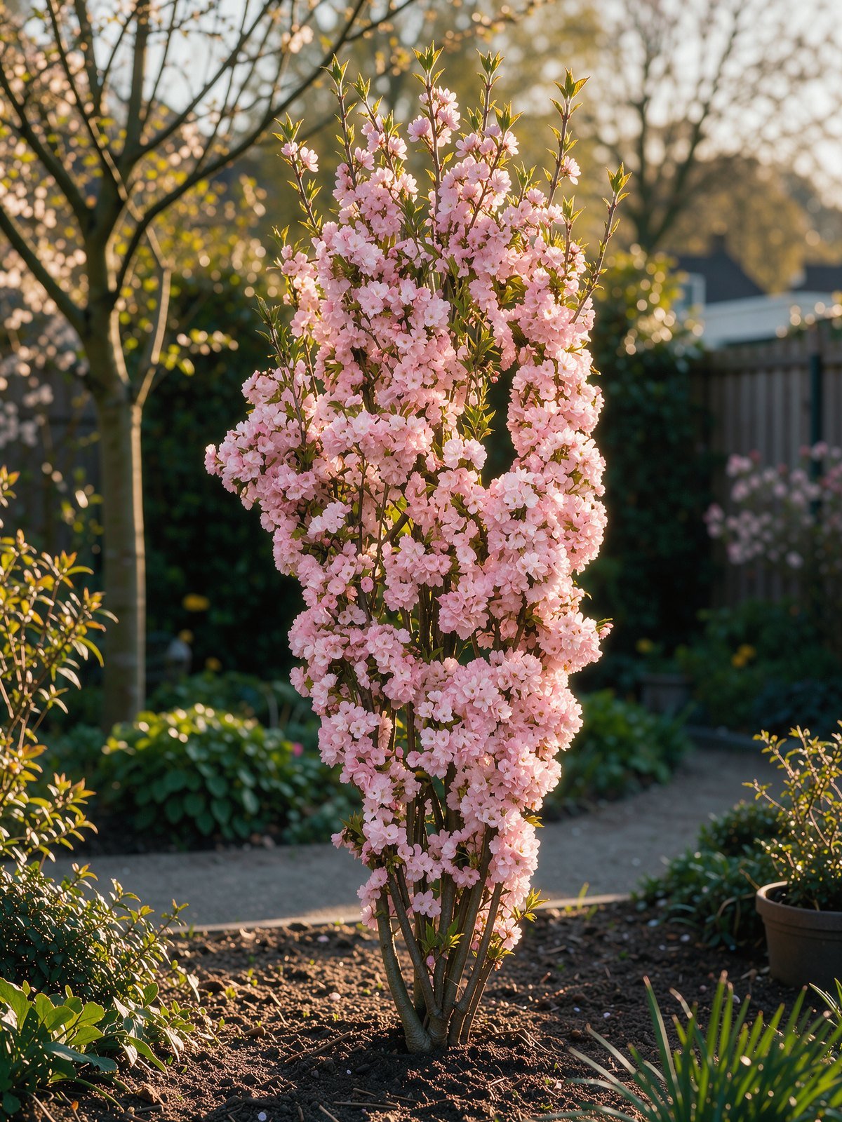 Zuilsierkers 'Amanogawa' (Prunus serrulata 'Amanogawa') in een tuin