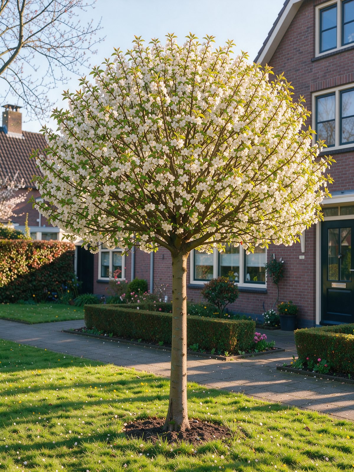 Bolkers (Prunus × eminens 'Umbraculifera') in een tuin
