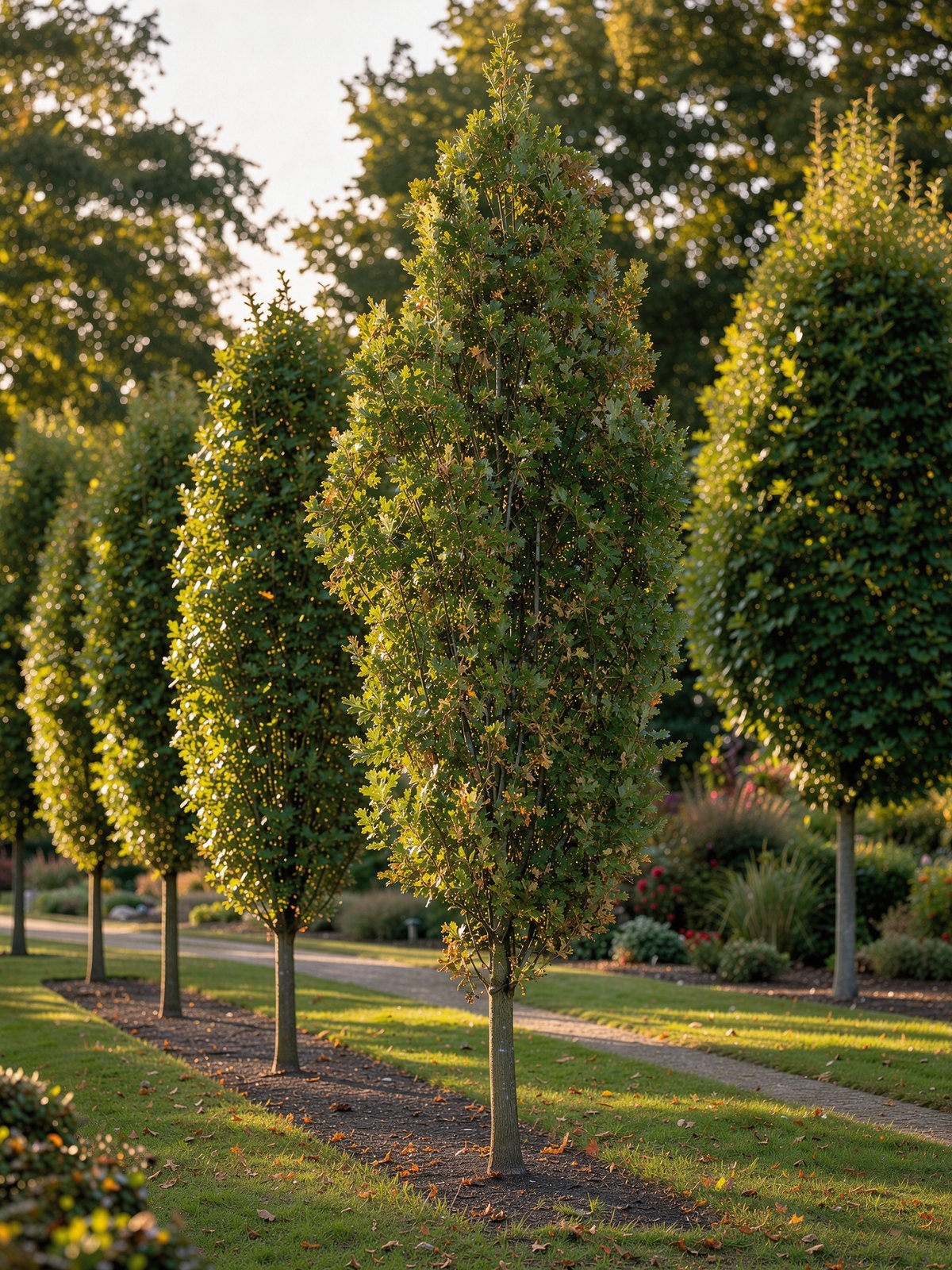 Zuileik (Quercus robur 'Fastigiate Koster') in een tuin