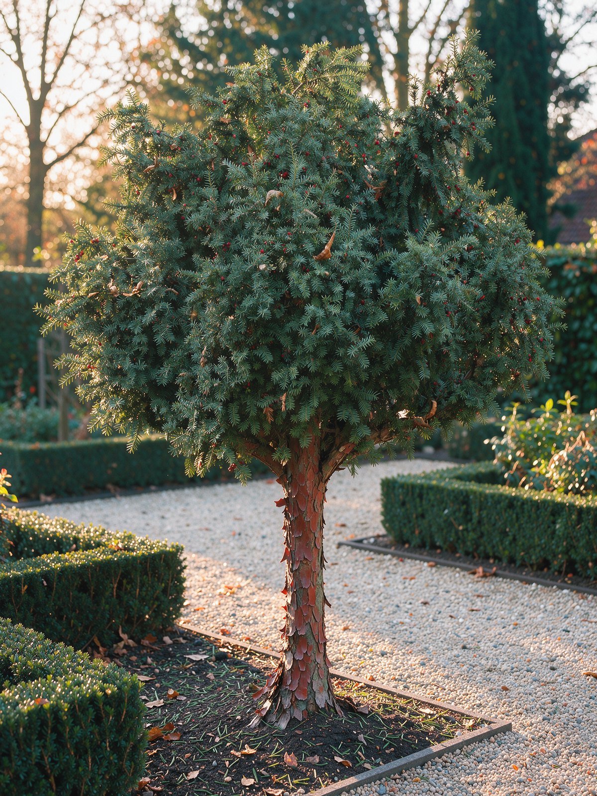 Venijnboom (taxus) op stam (Taxus baccata) in een tuin