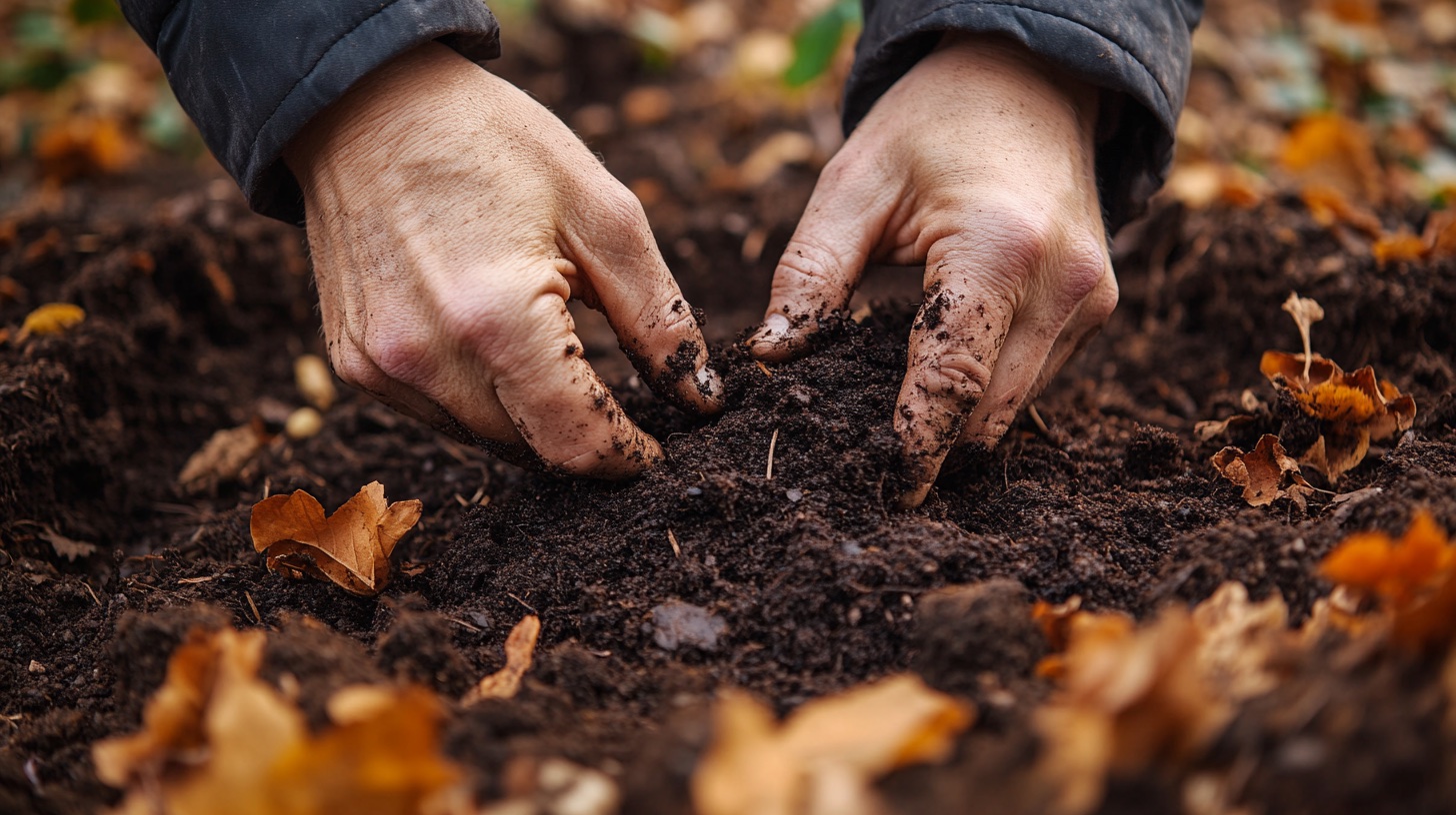 Handen die donkere, rijke compost door de bodem van een najaarsborder werken