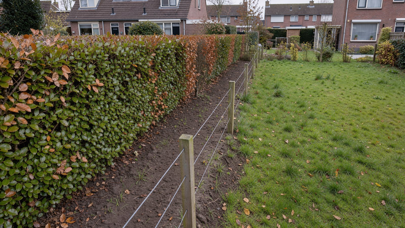Geschoren haag met een halve meter ruimte tot de afsluiting op de perceelsgrens tussen twee tuinen