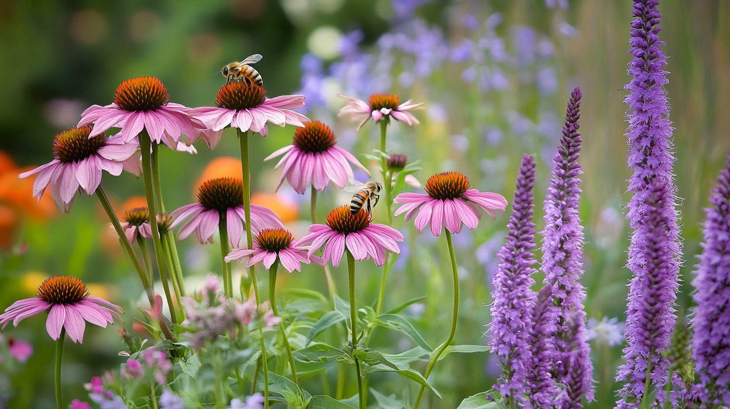 Bijenvriendelijke tuin met bezoekende bij op Echinacea, lavendel en oregano