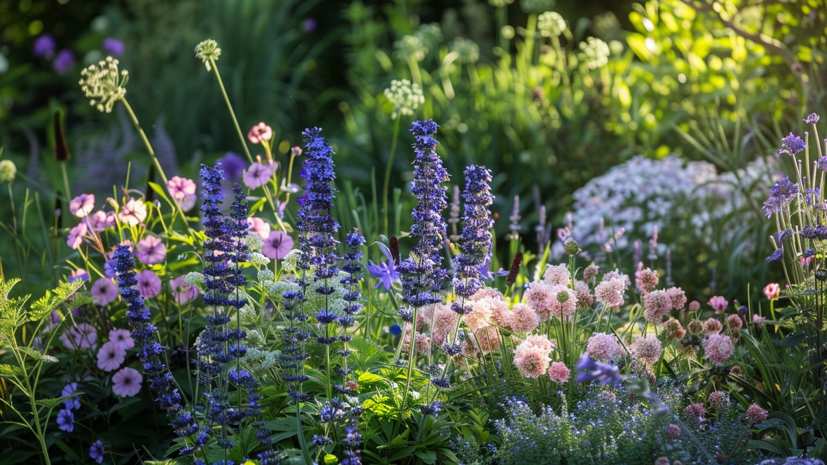 Naturalistische vasteplanten-border met Salvia, Geranium en Astrantia in zachte zomerlicht