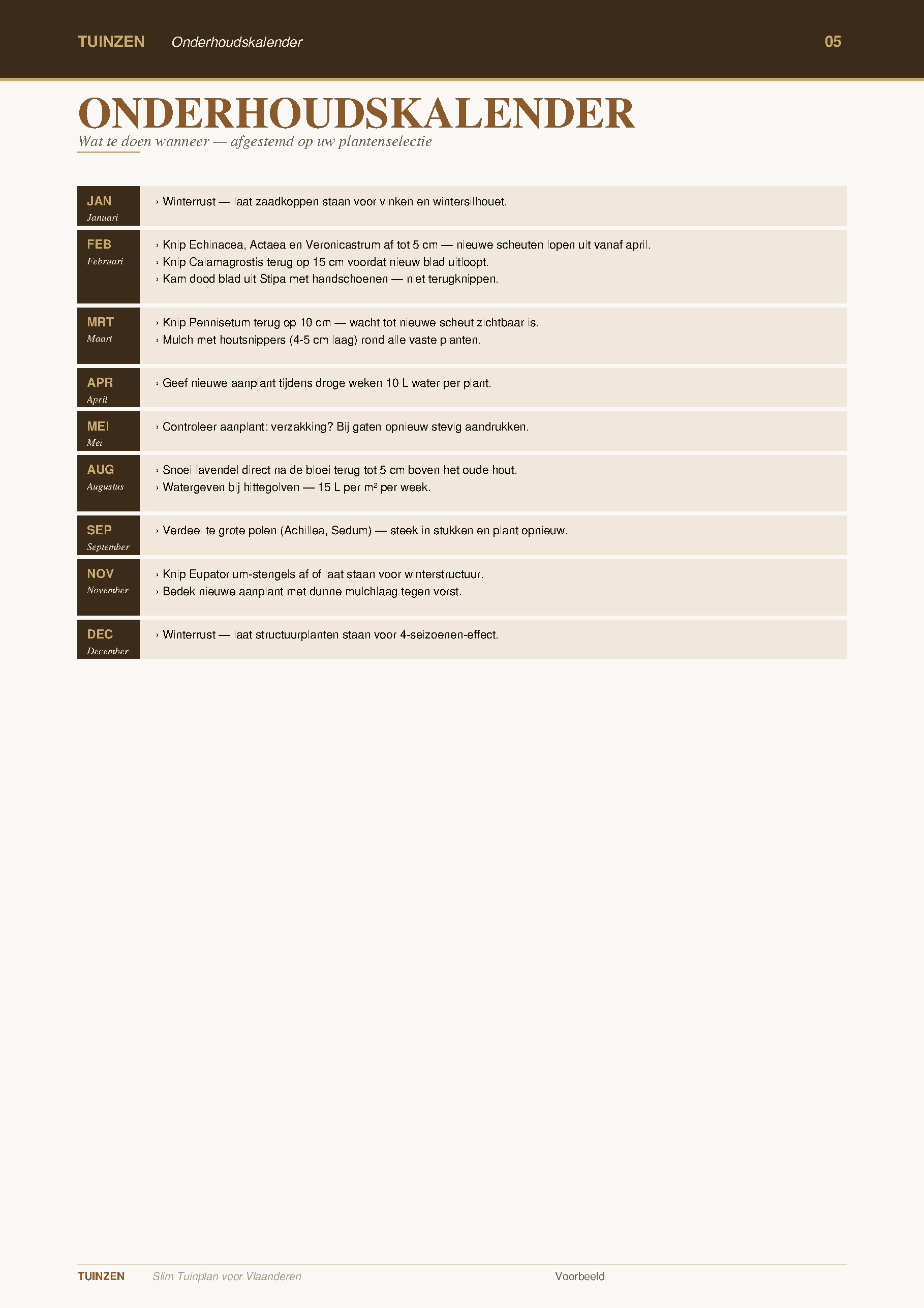 Onderhoudskalender met maandelijkse acties per plantselectie