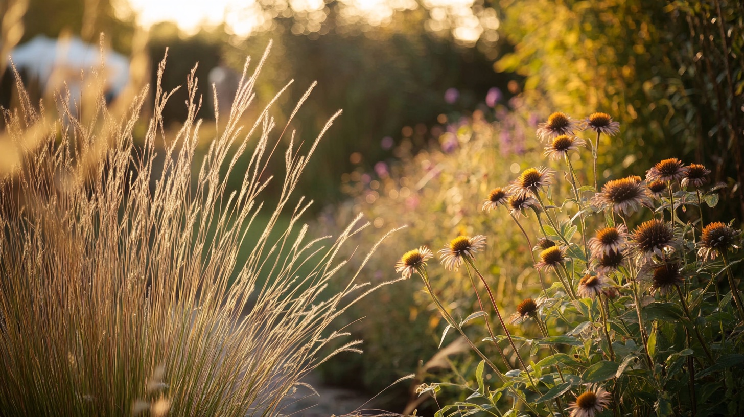 Najaarsborder met siergrassen en verkleurend blad in warm herfstlicht