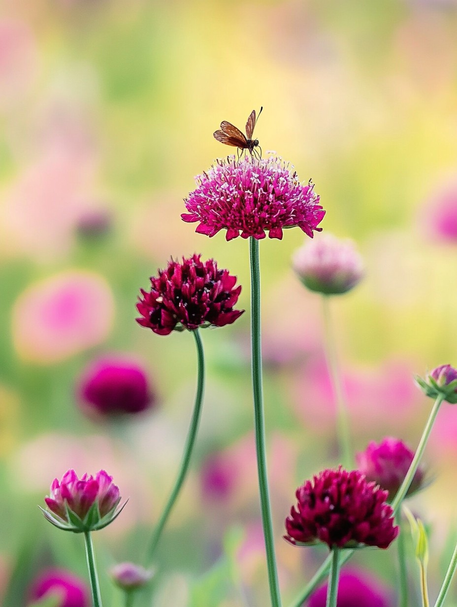 Knautia macedonica — wijnrode knoopjes op slanke stengels in zomertuin