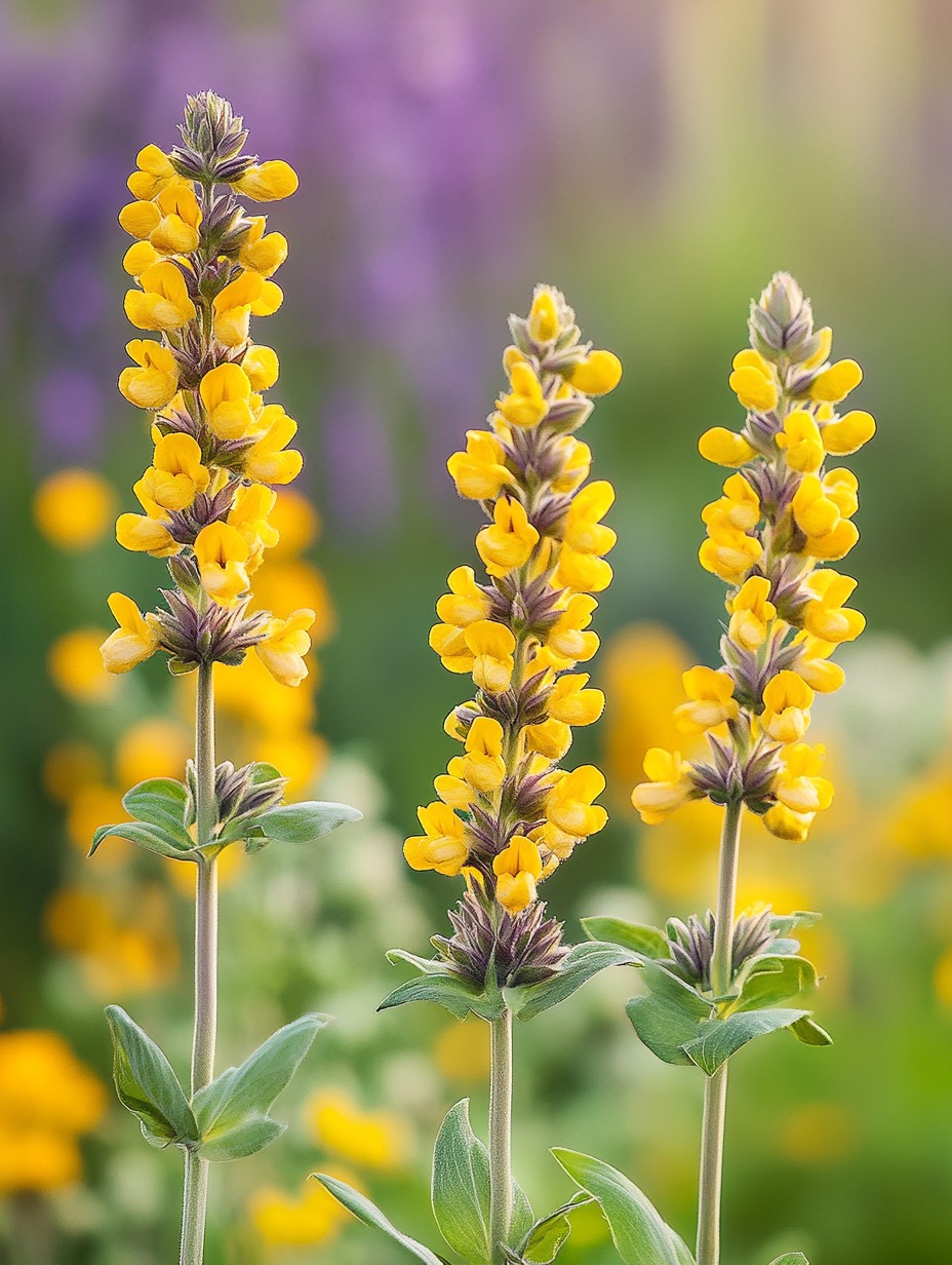 Phlomis russeliana — gele etage-bloei en grijsgroen wollig blad