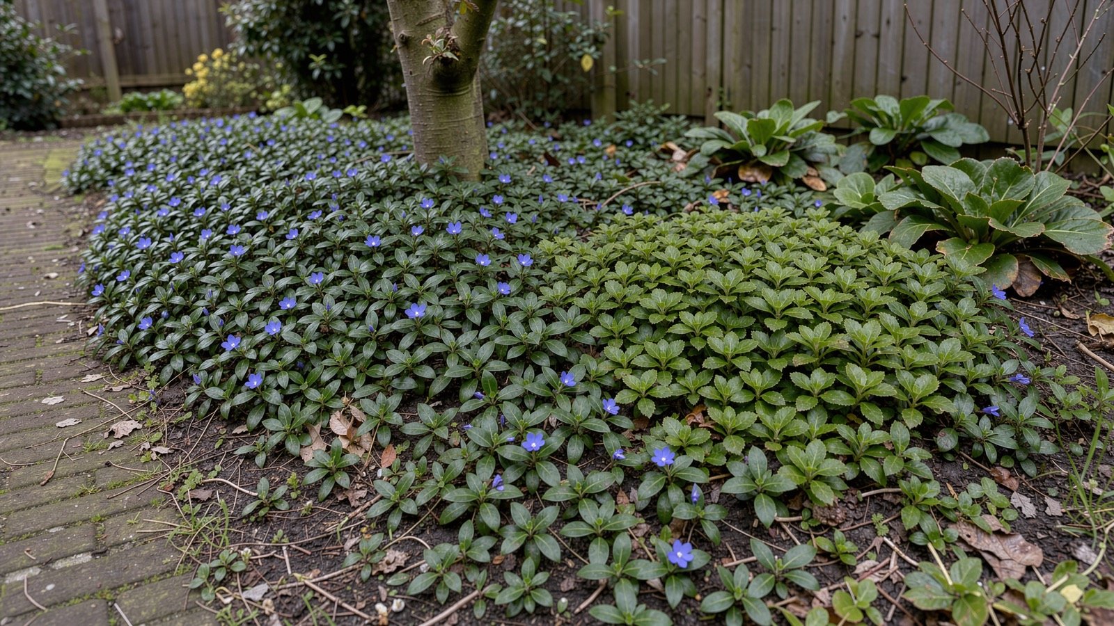 Dicht tapijt van bodembedekkers onder een boom in een tuin