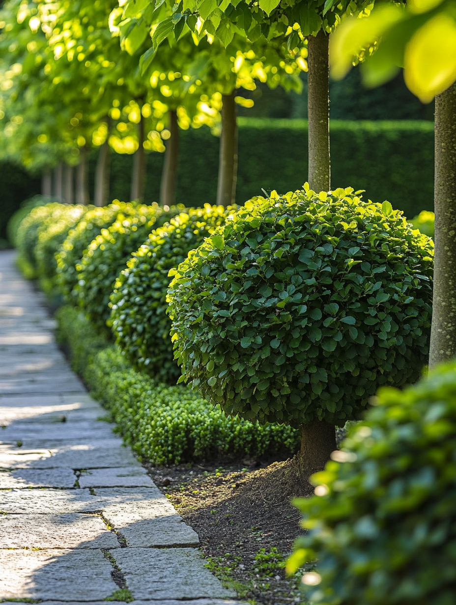 Carpinus betulus — geschoren haagbeuk-haag in formele Vlaamse tuin