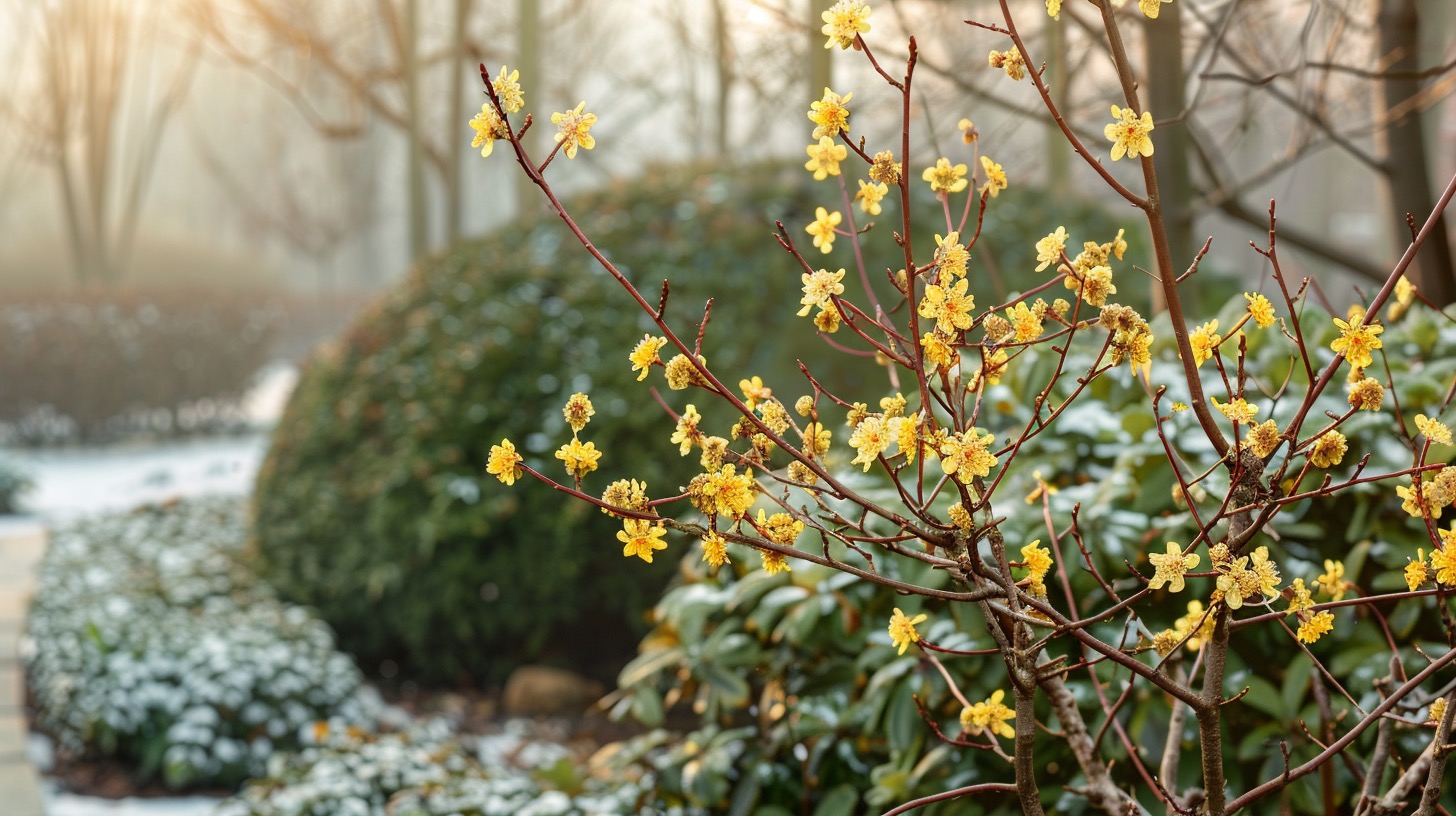 Cornus mas — gele kornoelje met vroege bloei in februari formele tuin