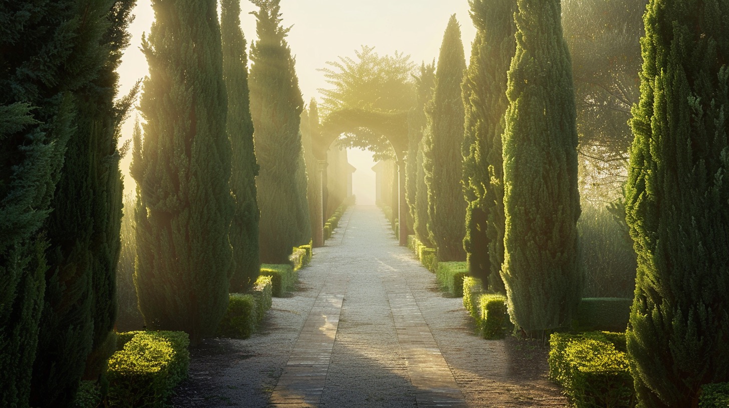 Cupressus sempervirens — Italiaanse cipres verticaal naast klassieke tuinmuur