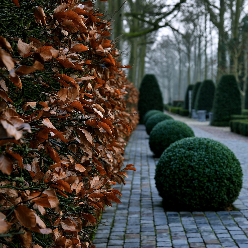 Fagus sylvatica — geschoren beukenhaag met koperbruin winterblad in formele Vlaamse tuin