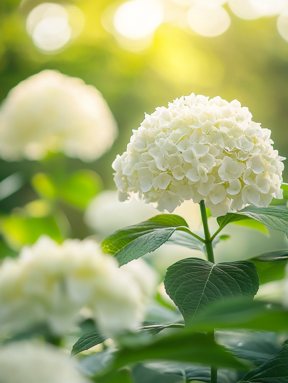 Hydrangea Annabelle — witte reuze-bolbloemen tussen geschoren buxus-blokken