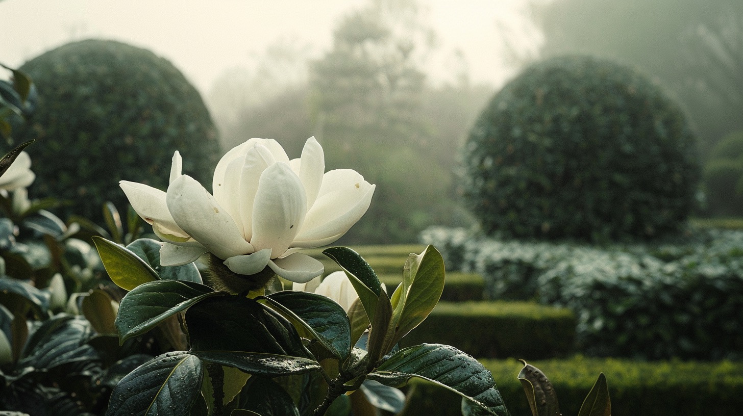 Magnolia grandiflora — wintergroene magnolia met grote witte bloemen in formele tuin