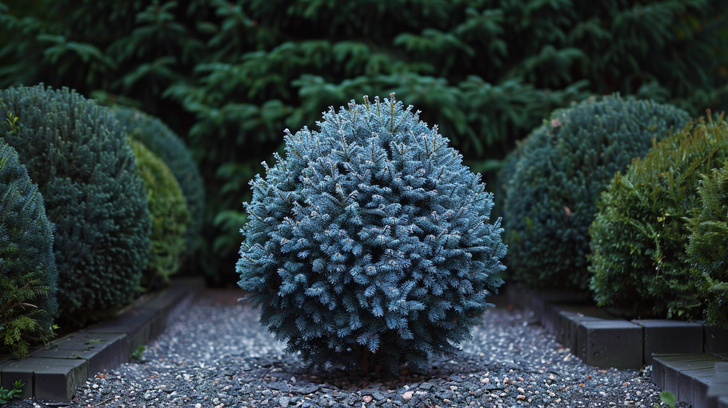 Picea pungens Glauca Globosa — stalen-blauwe bol-spar in moderne klassieke tuin