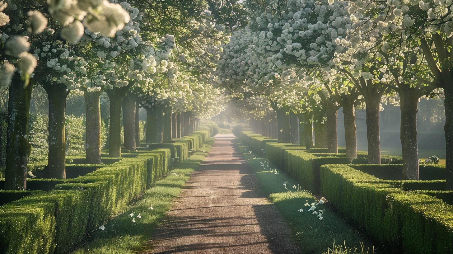 Pyrus calleryana Chanticleer pleached — zwevende perenlaan met witte bloei en najaarskleur