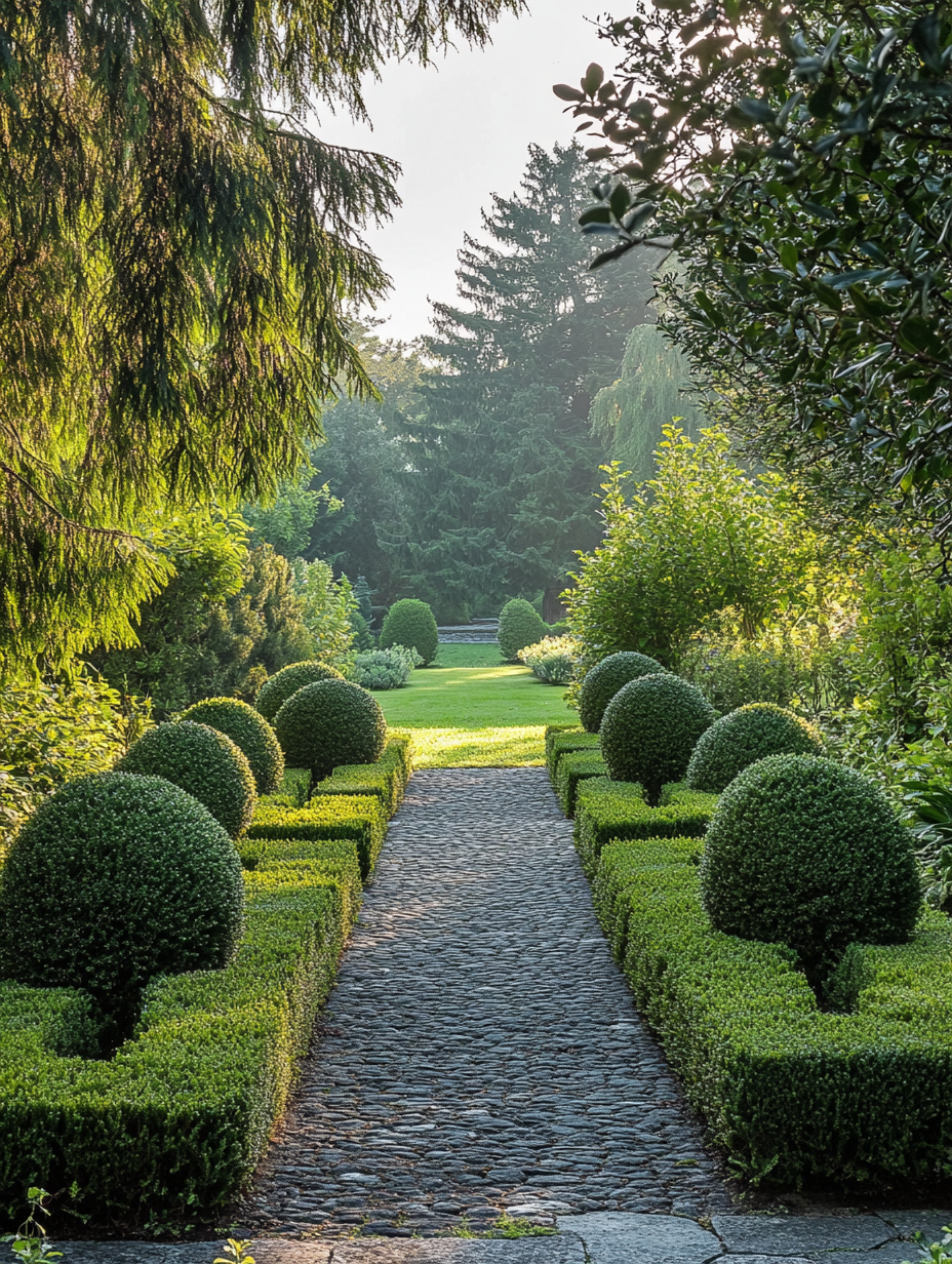 Taxus baccata — geschoren donkergroene venijnboom-bollen in klassiek Vlaamse tuin