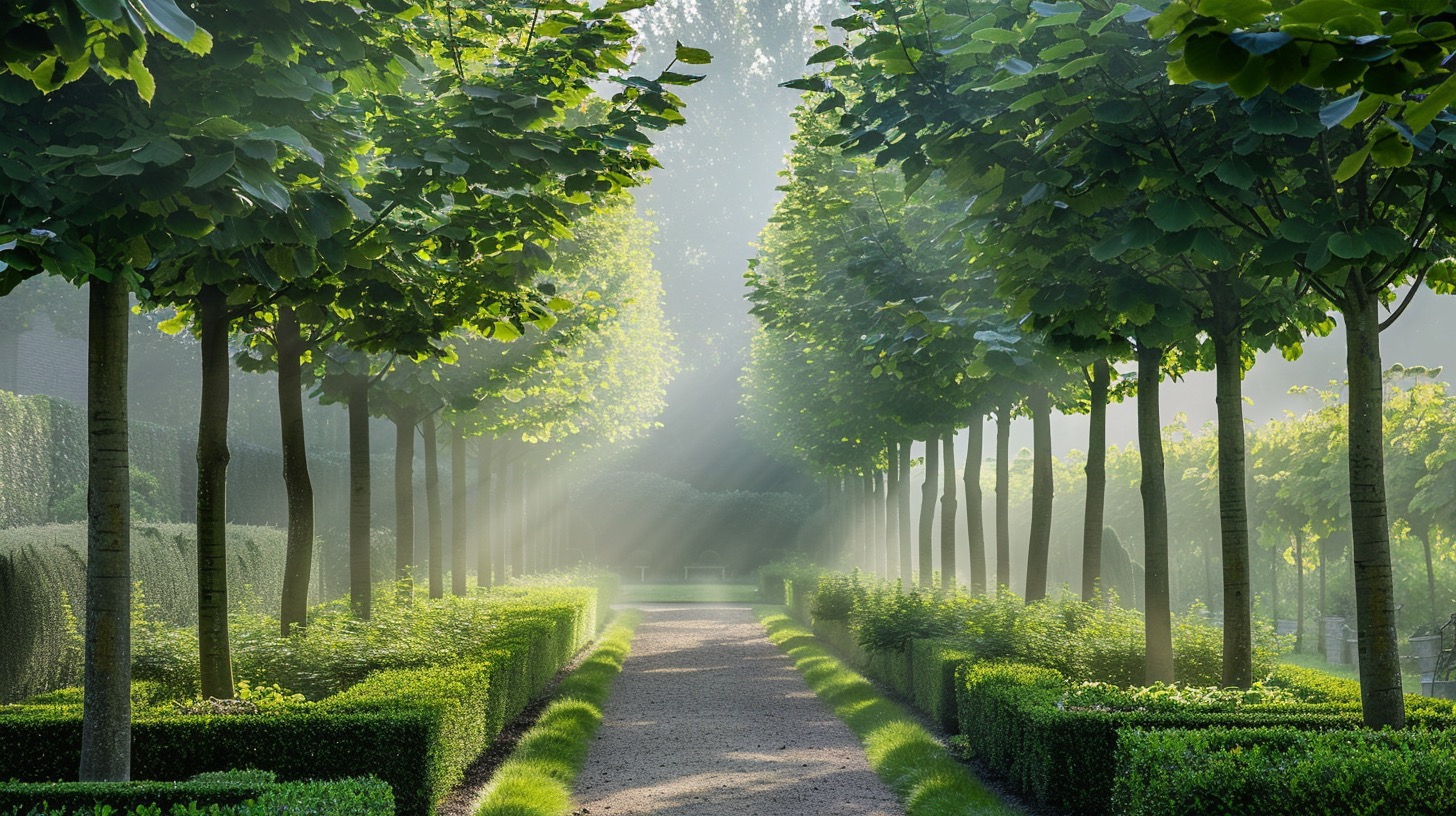 Tilia europaea pleached — zwevende laan van geschoren lindeblokken