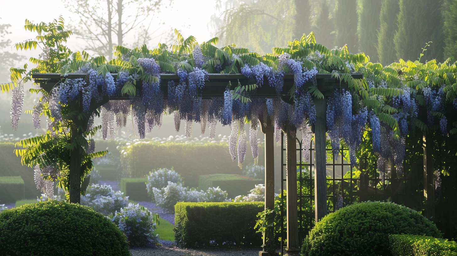 Wisteria sinensis — hangende blauwe trossen over klassieke pergola