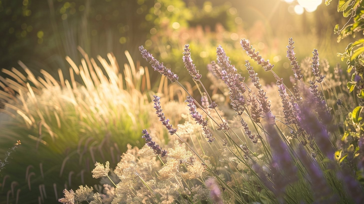 Lavandula angustifolia in volle bloei — paarse aren tegen zilvergrijs blad in zomerzon