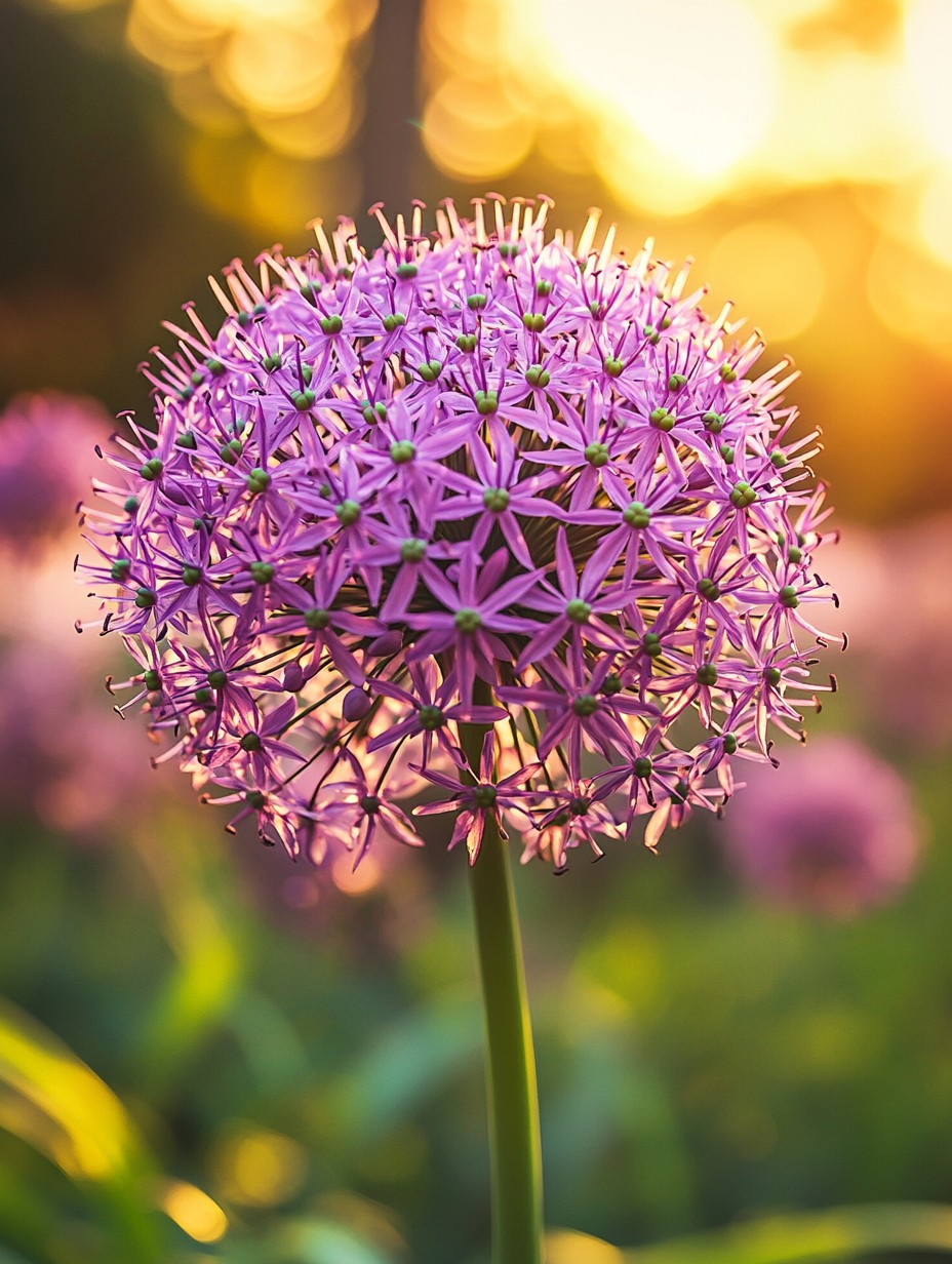 Allium cristophii — grote ster-vormige paarse bollen in een zomerse border