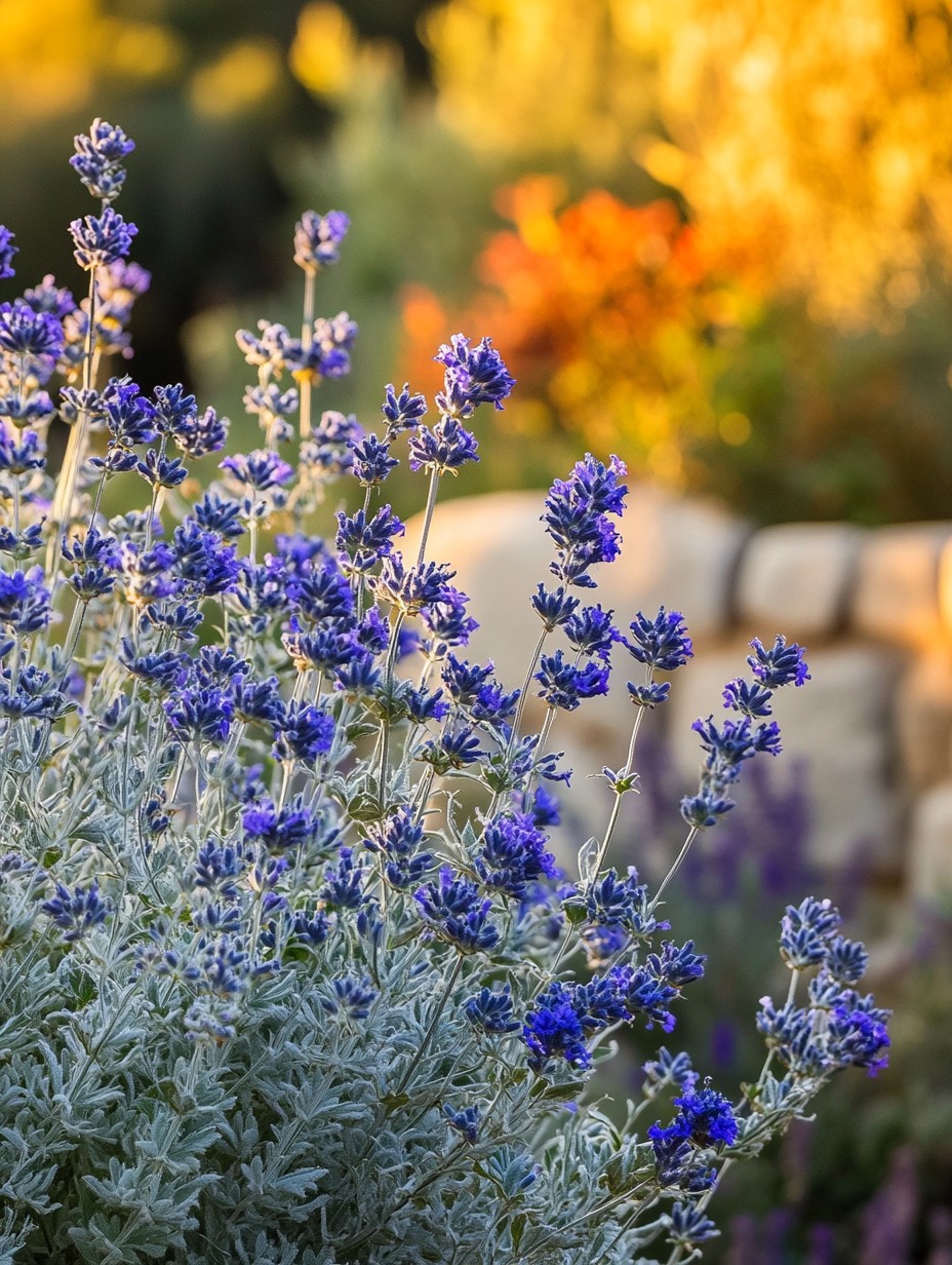 Caryopteris Heavenly Blue — hemelsblauwe bloei boven grijsgroen blad in laatzomer