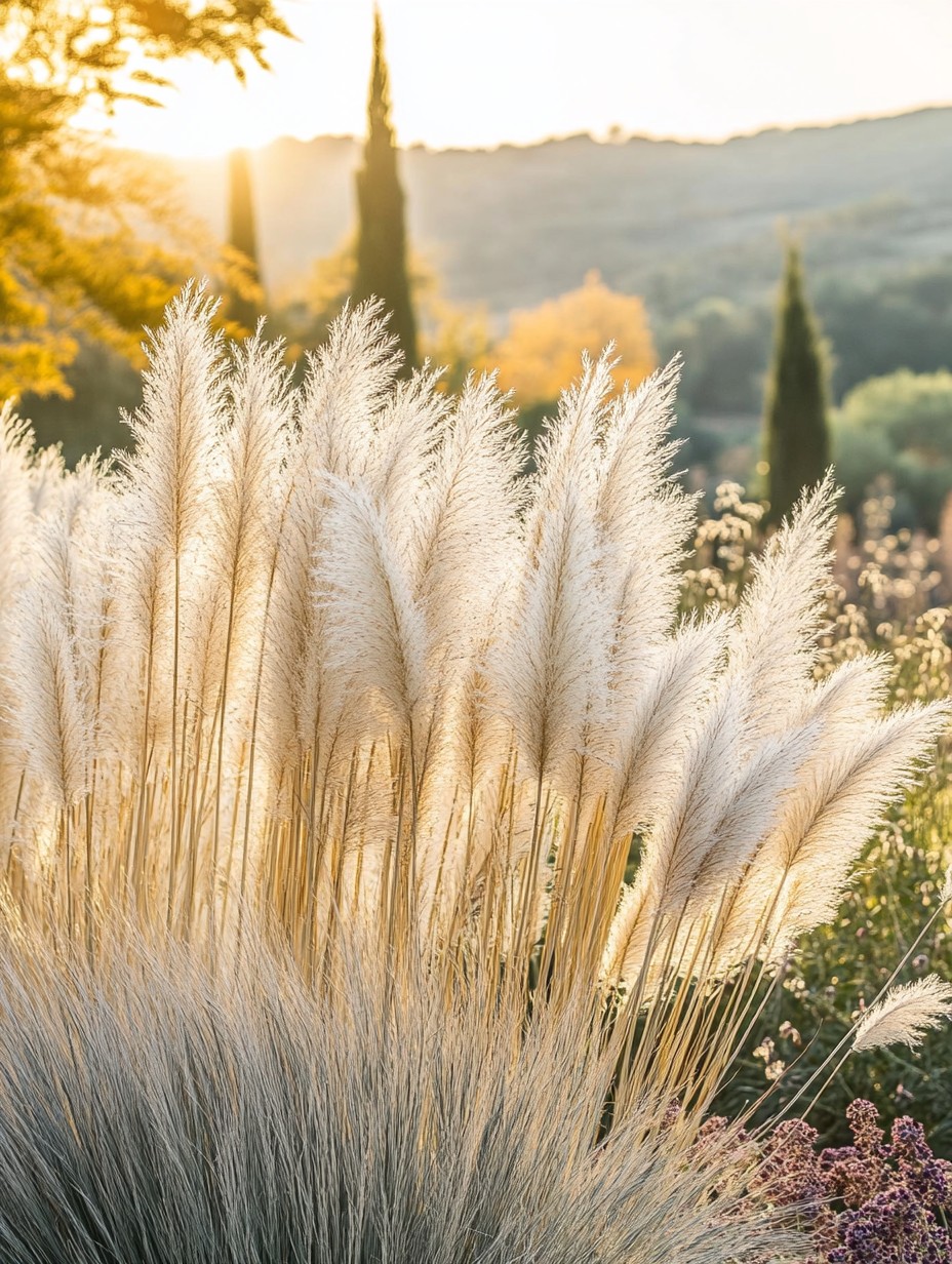 Cortaderia selloana Pumila — compact pampasgras met witte pluimen in najaar