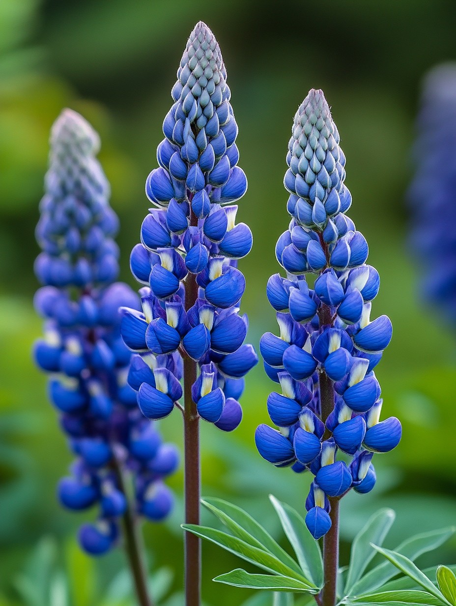 Baptisia australis — indigo-blauwe bloeitrossen boven blauwgroen blad