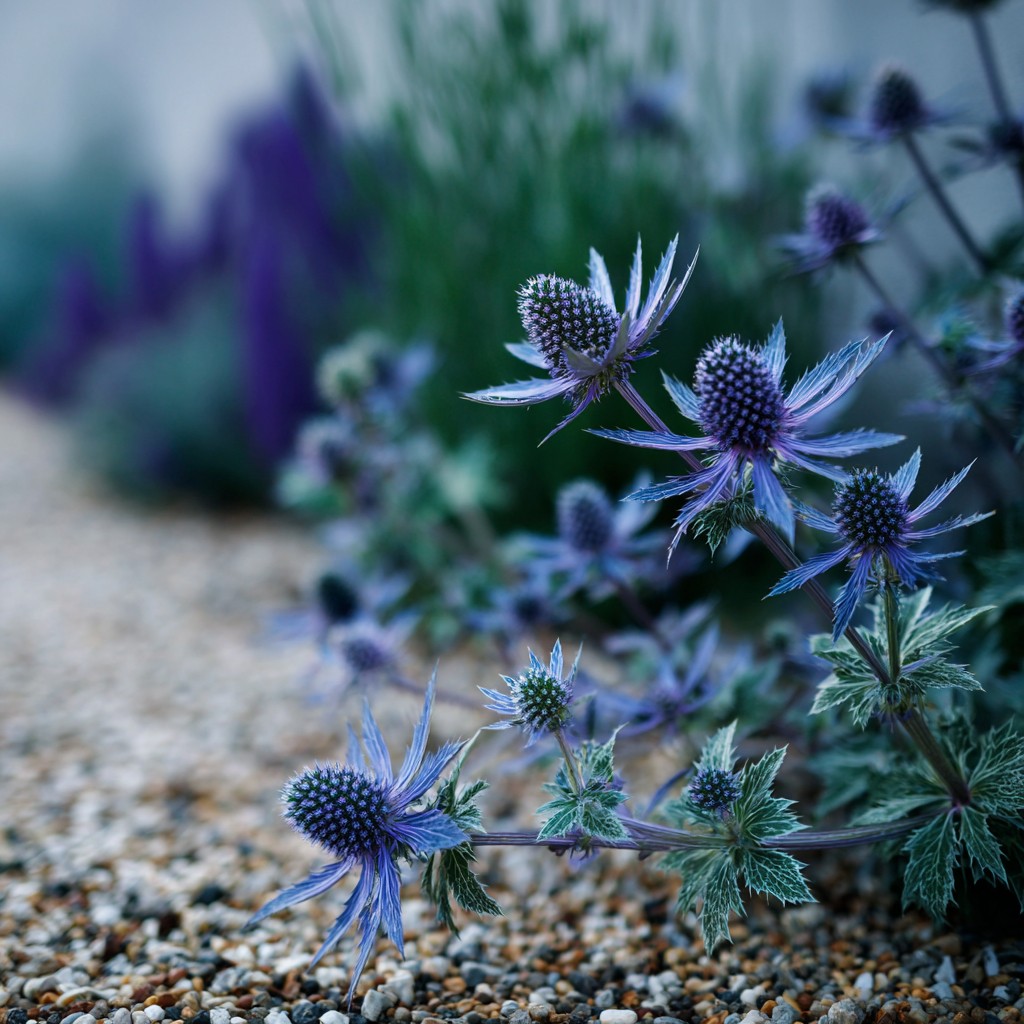 Eryngium planum — staalblauwe metaal-bloemen in een naturalistische border