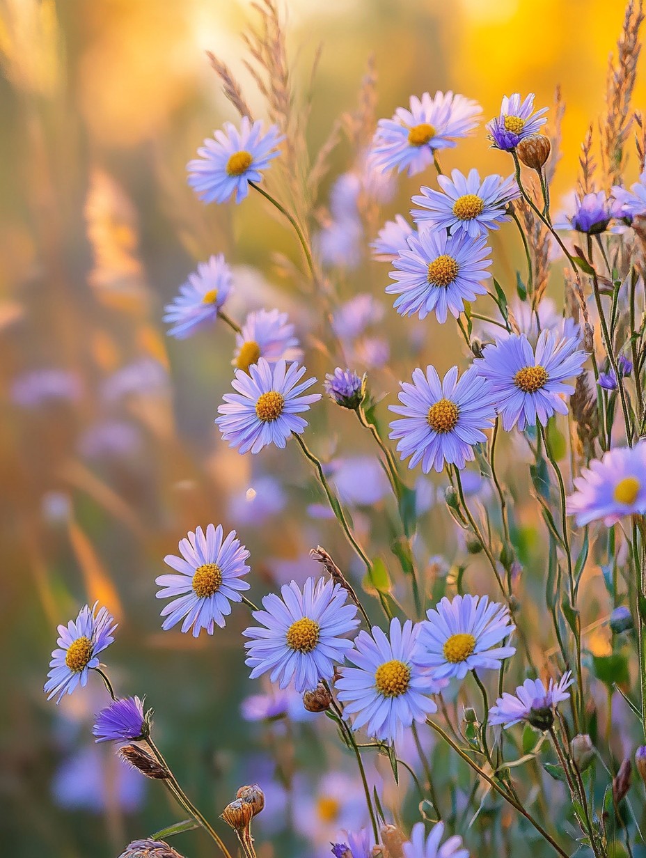 Symphyotrichum Little Carlow — lavendelblauwe Amerikaanse herfstaster vol bijen