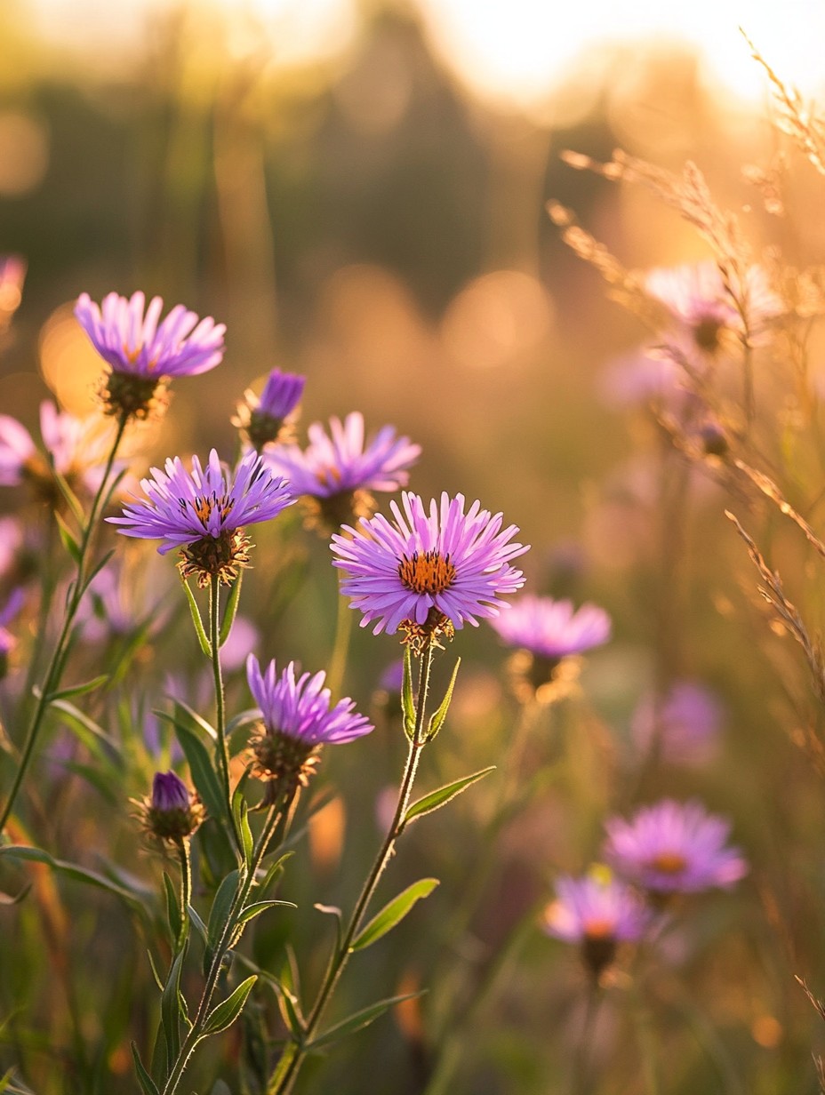 Aster novae-angliae — paarse herfstaster vol bijen in oktoberzon
