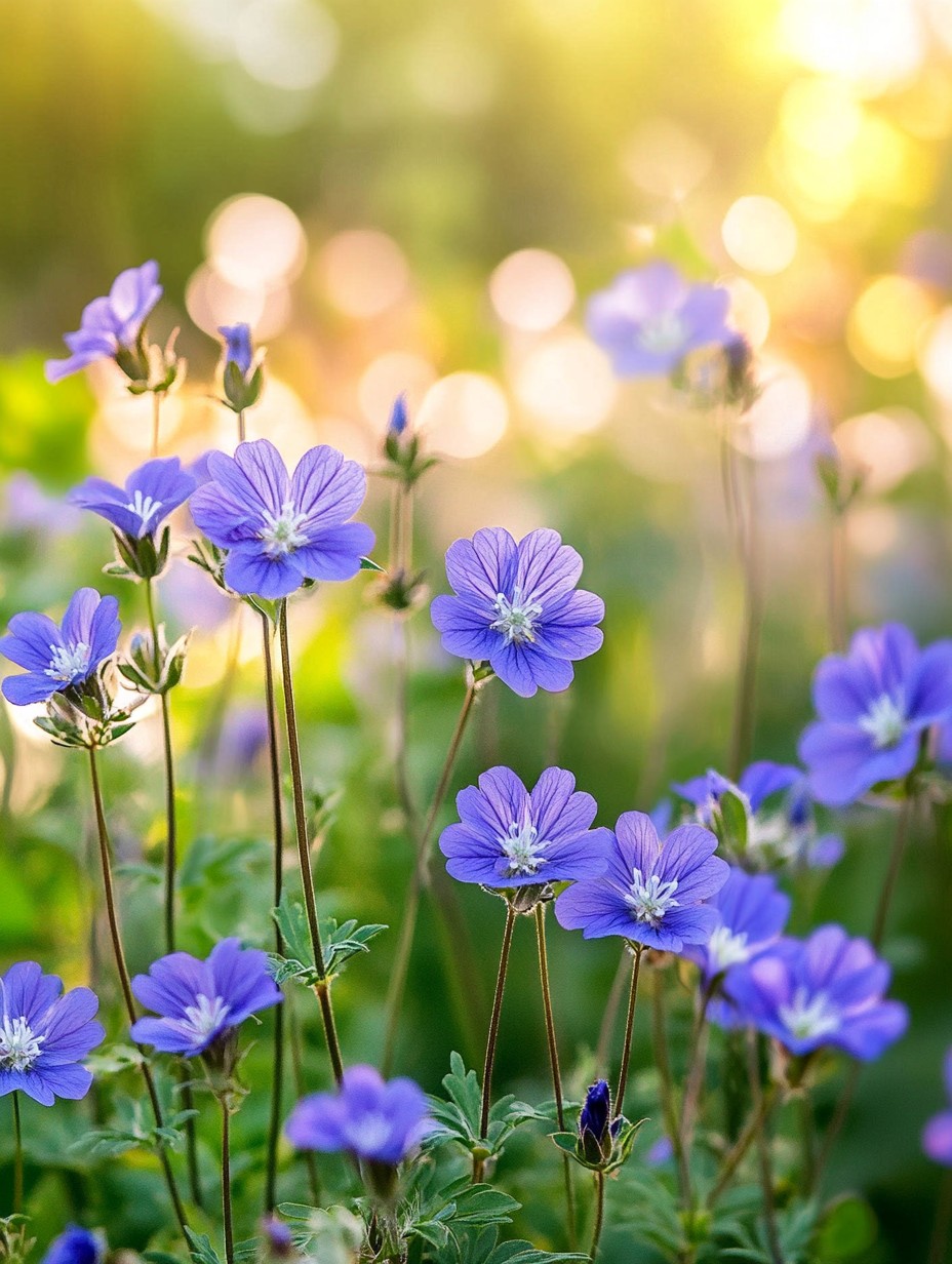 Geranium Rozanne — blauwpaarse bloemen over een groen bladtapijt in zomerlicht