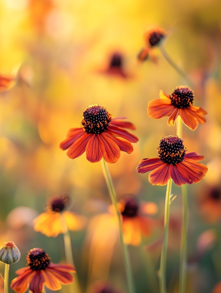 Helenium Moerheim Beauty — brons-rode bloemen met bruin hart in een prairie-border