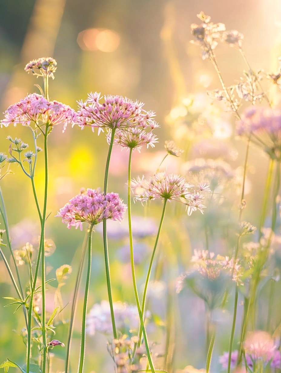 Pimpinella major Rosea — roze schermbloemen op slanke stengels in wilde tuin