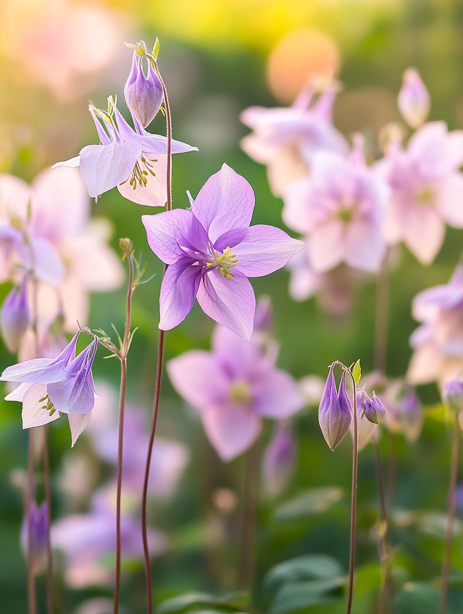 Aquilegia vulgaris — paarse akeleien met opvallende sporen in voorjaarslicht