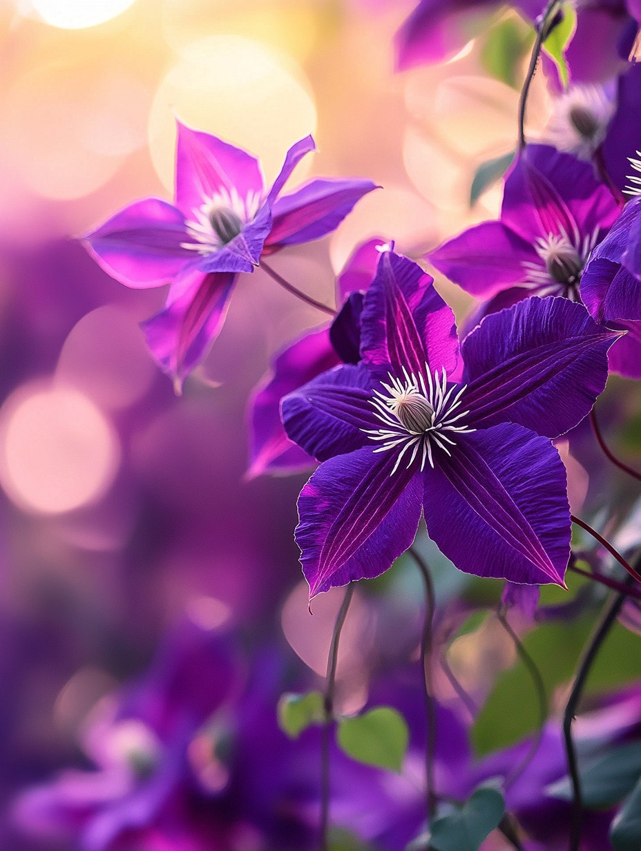 Clematis in volle bloei tegen romantische tuinmuur — paarse grote bloemen
