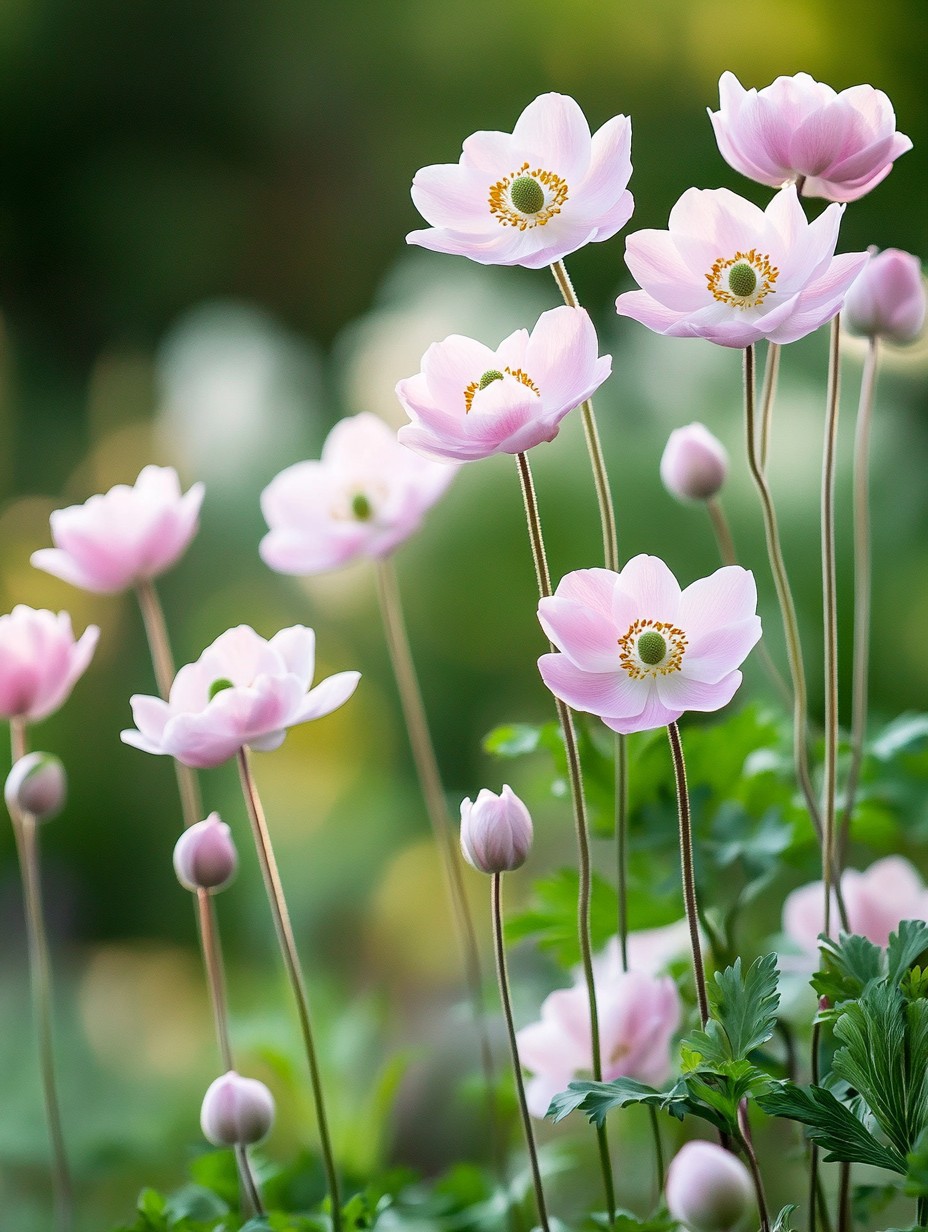 Anemone hupehensis September Charm — roze bloemen op hoge stengels in halfschaduw